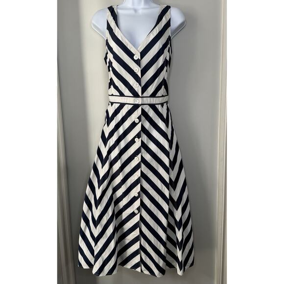 Polo Ralph Lauren Chevron-Stripe Cotton Midi Dress Womens 14 Navy Old Money Prep - Picture 2 of 16